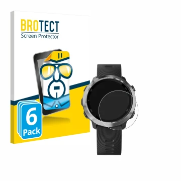 Face avant d’un emballage produit avec le logo de la marque BROTECT. À côté, l’appareil Garmin Forerunner 645 Music est représ
