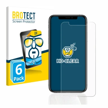 Face avant d’un emballage produit avec le logo de la marque BROTECT. À côté, l’appareil Apple iPhone Xs est représenté avec la