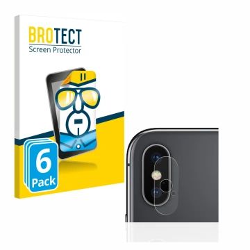 Face avant d’un emballage produit avec le logo de la marque BROTECT. À côté, l’appareil Apple iPhone Xs (Caméra UNIQUEMENT) es