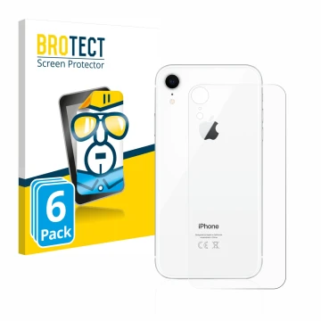 Face avant d’un emballage produit avec le logo de la marque BROTECT. À côté, l’appareil Apple iPhone XR (Le dos) est représent