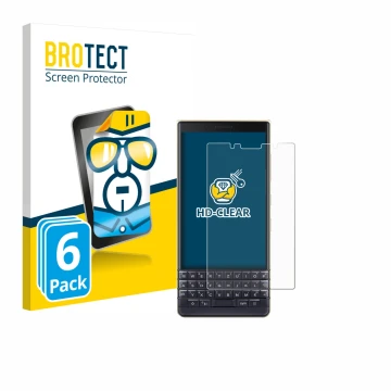 Face avant d’un emballage produit avec le logo de la marque BROTECT. À côté, l’appareil BlackBerry Key2 LE est représenté avec