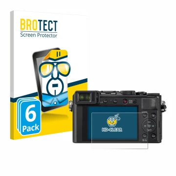 Face avant d’un emballage produit avec le logo de la marque BROTECT. À côté, l’appareil Panasonic Lumix DC-LX100 II est représ