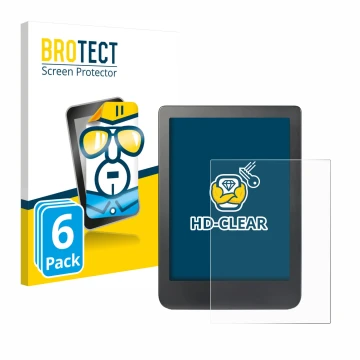 Face avant d’un emballage produit avec le logo de la marque BROTECT. À côté, l’appareil Kobo Clara HD (6