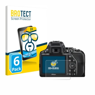 Face avant d’un emballage produit avec le logo de la marque BROTECT. À côté, l’appareil Nikon D3500 est représenté avec la pro