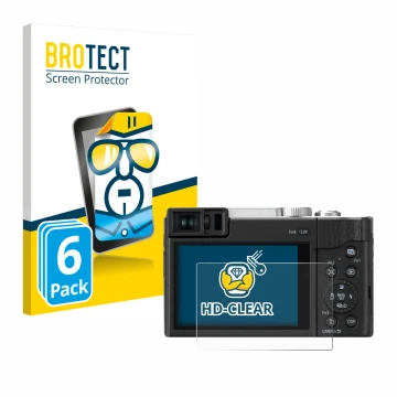 Face avant d’un emballage produit avec le logo de la marque BROTECT. À côté, l’appareil Panasonic Lumix DC-TZ96 est représenté