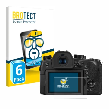 Face avant d’un emballage produit avec le logo de la marque BROTECT. À côté, l’appareil Panasonic Lumix DC-FZ1000 II est repré