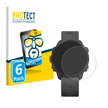 Face avant d’un emballage produit avec le logo de la marque BROTECT. À côté, l’appareil Garmin Forerunner 245 Music est représ
