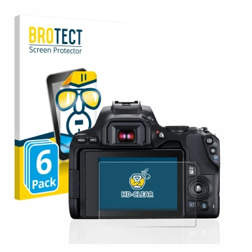 Face avant d’un emballage produit avec le logo de la marque BROTECT. À côté, l’appareil Canon EOS 250D est représenté avec la 