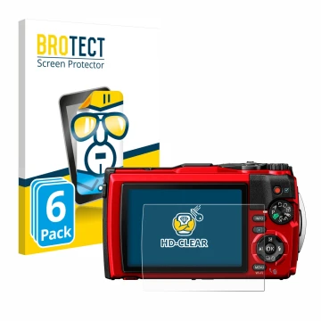 Face avant d’un emballage produit avec le logo de la marque BROTECT. À côté, l’appareil Olympus Tough TG-6 est représenté avec