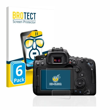 Face avant d’un emballage produit avec le logo de la marque BROTECT. À côté, l’appareil Canon EOS 90D est représenté avec la p