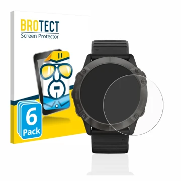 Face avant d’un emballage produit avec le logo de la marque BROTECT. À côté, l’appareil Garmin Fenix 6X Pro est représenté ave