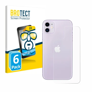 Face avant d’un emballage produit avec le logo de la marque BROTECT. À côté, l’appareil Apple iPhone 11 (Arrière) est représen
