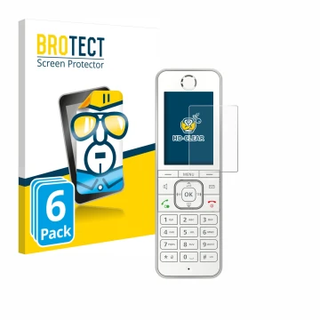 Face avant d’un emballage produit avec le logo de la marque BROTECT. À côté, l’appareil AVM Fritz!Fon C6 est représenté avec l