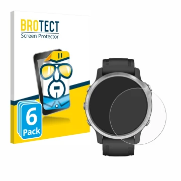 Face avant d’un emballage produit avec le logo de la marque BROTECT. À côté, l’appareil Garmin Fenix 6S est représenté avec la