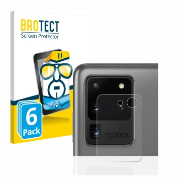 Face avant d’un emballage produit avec le logo de la marque BROTECT. À côté, l’appareil Samsung Galaxy S20 Ultra (Caméra UNIQU