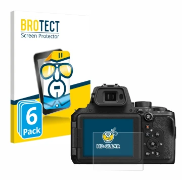 Face avant d’un emballage produit avec le logo de la marque BROTECT. À côté, l’appareil Nikon Coolpix P950 est représenté avec