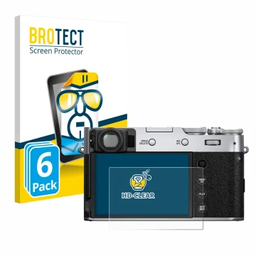 Face avant d’un emballage produit avec le logo de la marque BROTECT. À côté, l’appareil Fujifilm X100V est représenté avec la 