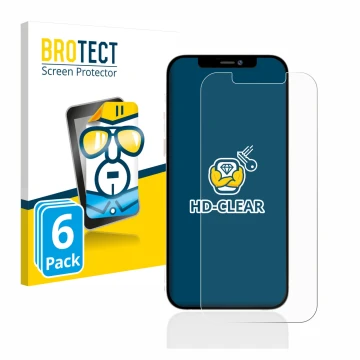 Face avant d’un emballage produit avec le logo de la marque BROTECT. À côté, l’appareil Apple iPhone 12 Pro Max est représenté