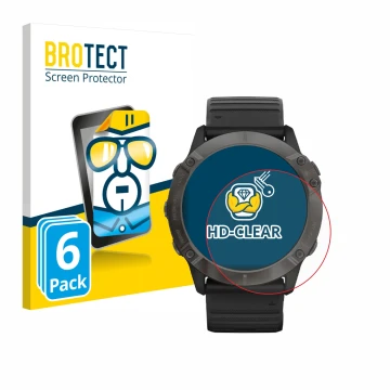 Face avant d’un emballage produit avec le logo de la marque BROTECT. À côté, l’appareil Garmin Fenix 6X Pro Solar est représen
