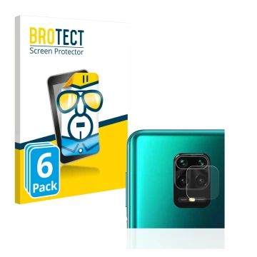 Face avant d’un emballage produit avec le logo de la marque BROTECT. À côté, l’appareil Xiaomi Redmi Note 9S (Caméra UNIQUEMEN