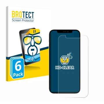 Face avant d’un emballage produit avec le logo de la marque BROTECT. À côté, l’appareil Apple iPhone 12 est représenté avec la