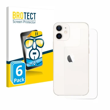 Face avant d’un emballage produit avec le logo de la marque BROTECT. À côté, l’appareil Apple iPhone 12 mini (Arrière) est rep