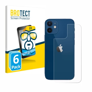 Face avant d’un emballage produit avec le logo de la marque BROTECT. À côté, l’appareil Apple iPhone 12 (Arrière) est représen
