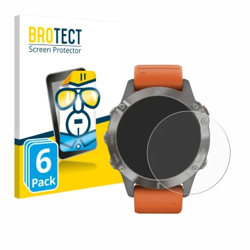 Face avant d’un emballage produit avec le logo de la marque BROTECT. À côté, l’appareil Garmin Fenix 6 Pro Solar est représent