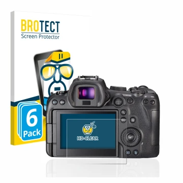 Face avant d’un emballage produit avec le logo de la marque BROTECT. À côté, l’appareil Canon EOS R6 est représenté avec la pr