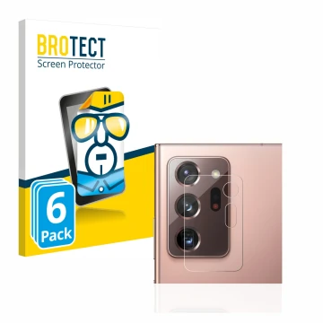 Face avant d’un emballage produit avec le logo de la marque BROTECT. À côté, l’appareil Samsung Galaxy Note 20 Ultra 5G (Camér