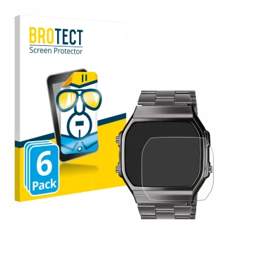 Face avant d’un emballage produit avec le logo de la marque BROTECT. À côté, l’appareil Casio A168WEGG-1BEF est représenté ave