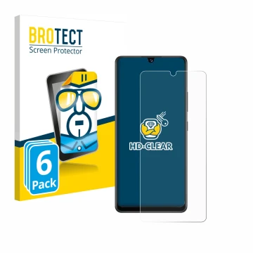 Face avant d’un emballage produit avec le logo de la marque BROTECT. À côté, l’appareil Samsung Galaxy A42 5G est représenté a