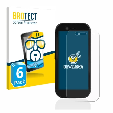 Face avant d’un emballage produit avec le logo de la marque BROTECT. À côté, l’appareil Caterpillar Cat S42 est représenté ave