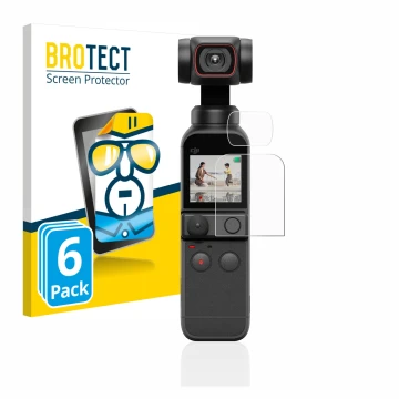 Face avant d’un emballage produit avec le logo de la marque BROTECT. À côté, l’appareil DJI Osmo Pocket 2 (Affichage + Lentill