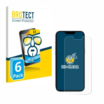 Face avant d’un emballage produit avec le logo de la marque BROTECT. À côté, l’appareil Apple iPhone 13 Pro Max est représenté
