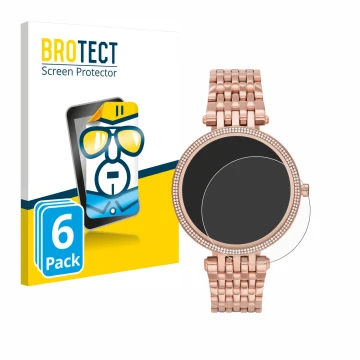 Face avant d’un emballage produit avec le logo de la marque BROTECT. À côté, l’appareil Michael Kors Access Darci Gen 5E est r