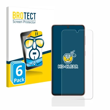 Face avant d’un emballage produit avec le logo de la marque BROTECT. À côté, l’appareil Samsung Galaxy S21 est représenté avec