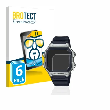 Face avant d’un emballage produit avec le logo de la marque BROTECT. À côté, l’appareil Casio AE-1200WH est représenté avec la