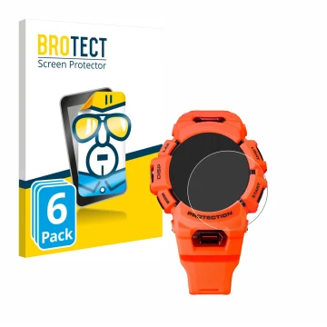 Face avant d’un emballage produit avec le logo de la marque BROTECT. À côté, l’appareil Casio G-Shock GBA-900 est représenté a