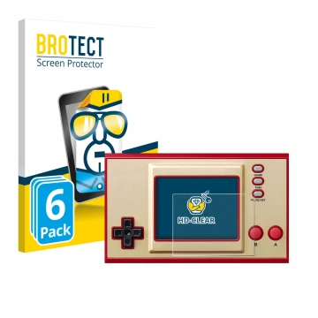 Face avant d’un emballage produit avec le logo de la marque BROTECT. À côté, l’appareil Nintendo Game & Watch Super Mario Bros