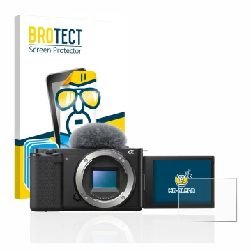Face avant d’un emballage produit avec le logo de la marque BROTECT. À côté, l’appareil Sony Alpha ZV-E10 est représenté avec 
