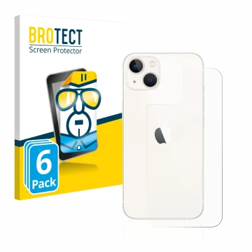Face avant d’un emballage produit avec le logo de la marque BROTECT. À côté, l’appareil Apple iPhone 13 (Arrière) est représen