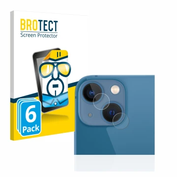 Face avant d’un emballage produit avec le logo de la marque BROTECT. À côté, l’appareil Apple iPhone 13 mini (Caméra UNIQUEMEN