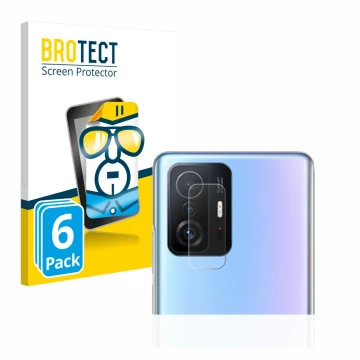 Face avant d’un emballage produit avec le logo de la marque BROTECT. À côté, l’appareil Xiaomi 11T Pro (Caméra UNIQUEMENT) est