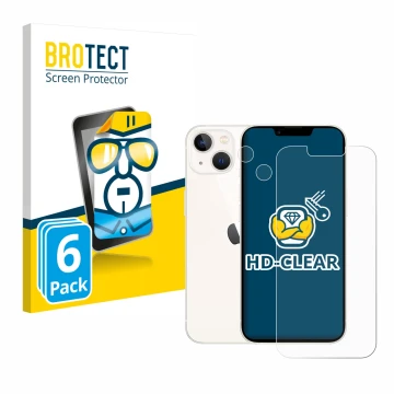 Face avant d’un emballage produit avec le logo de la marque BROTECT. À côté, l’appareil Apple iPhone 13 (Avant+Caméra) est rep