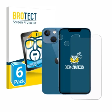 Face avant d’un emballage produit avec le logo de la marque BROTECT. À côté, l’appareil Apple iPhone 13 mini (Avant+Caméra) es