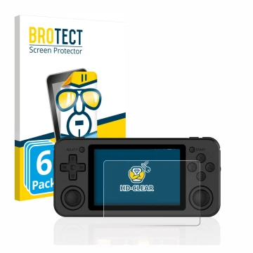 Face avant d’un emballage produit avec le logo de la marque BROTECT. À côté, l’appareil Anbernic RG351P est représenté avec la