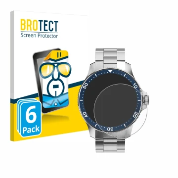 Face avant d’un emballage produit avec le logo de la marque BROTECT. À côté, l’appareil Withings ScanWatch Horizon (43 mm) est