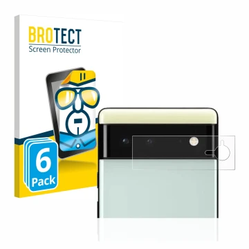 Face avant d’un emballage produit avec le logo de la marque BROTECT. À côté, l’appareil Google Pixel 6 (Caméra UNIQUEMENT) est
