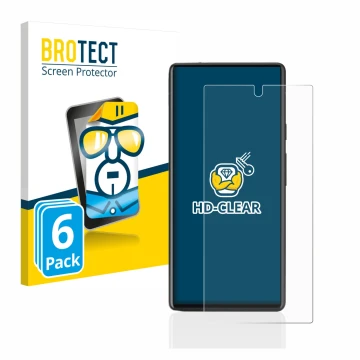 Face avant d’un emballage produit avec le logo de la marque BROTECT. À côté, l’appareil Google Pixel 6a est représenté avec la